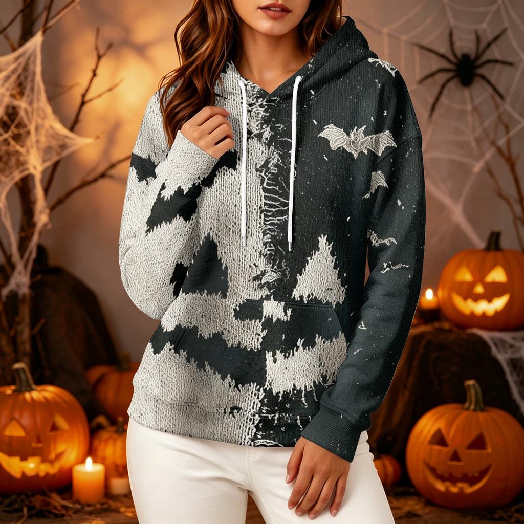 Women's Long Sleeve Pullover Hoodie with Halloween Print for Casual Outings