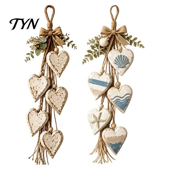 Anniversary Gift for Couple Farmhouse Hanging Heart Wall Decor with 5 Layer Wooden Hearts, Vintage Boho Wood Natural Accent Trinket Shelf Art