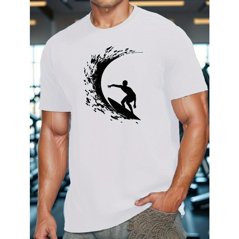 Men S Casual Surfing Graphic Tee, Crew Neck Short Sleeve T-Shirt, Geometric-Pattern Sports Knit Top for Beach & Weekend Casual Wear S белый