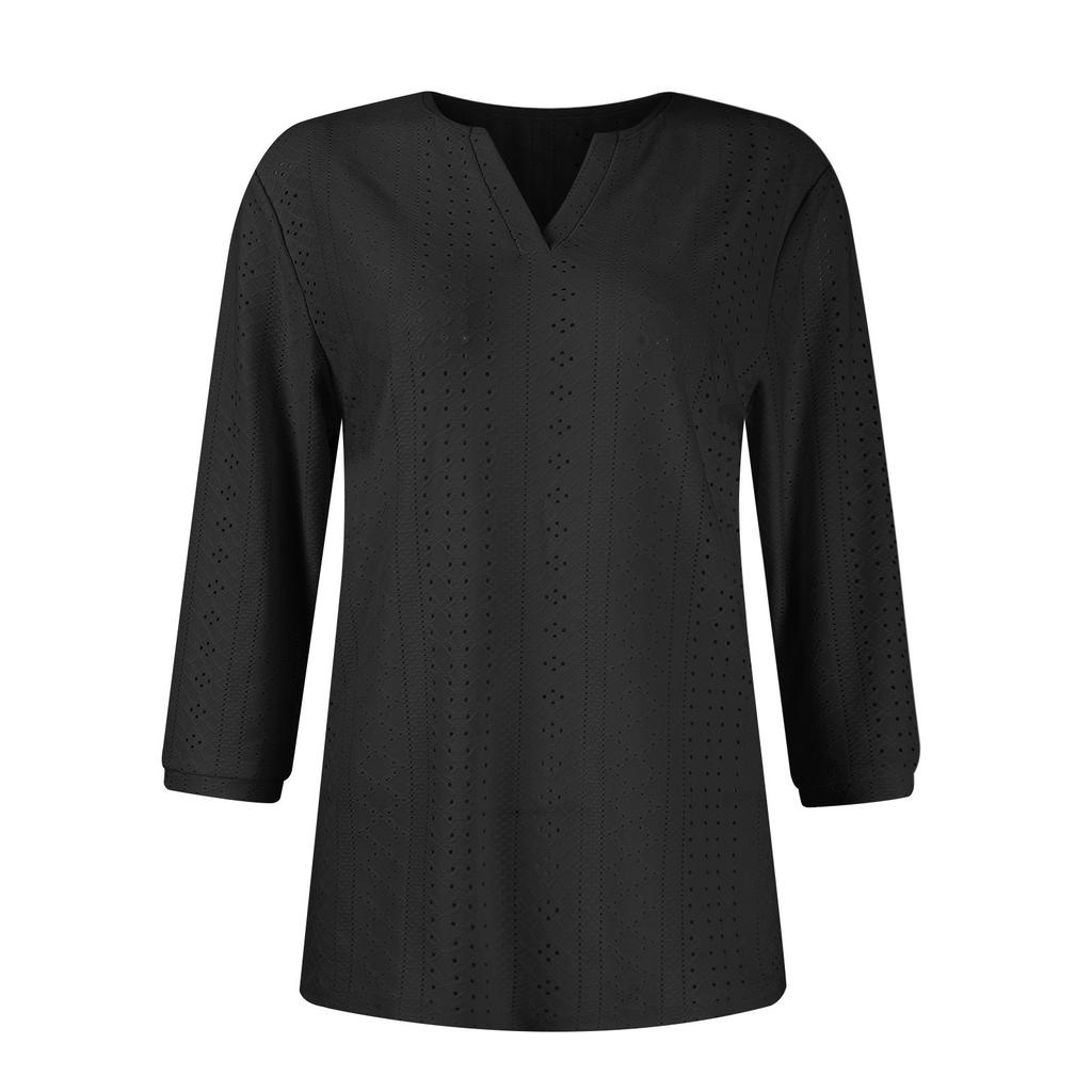 Damen Mode V-Ausschnitt Drei-Viertel-Ärmel T-Shirt Lässig Farbe Oberteil