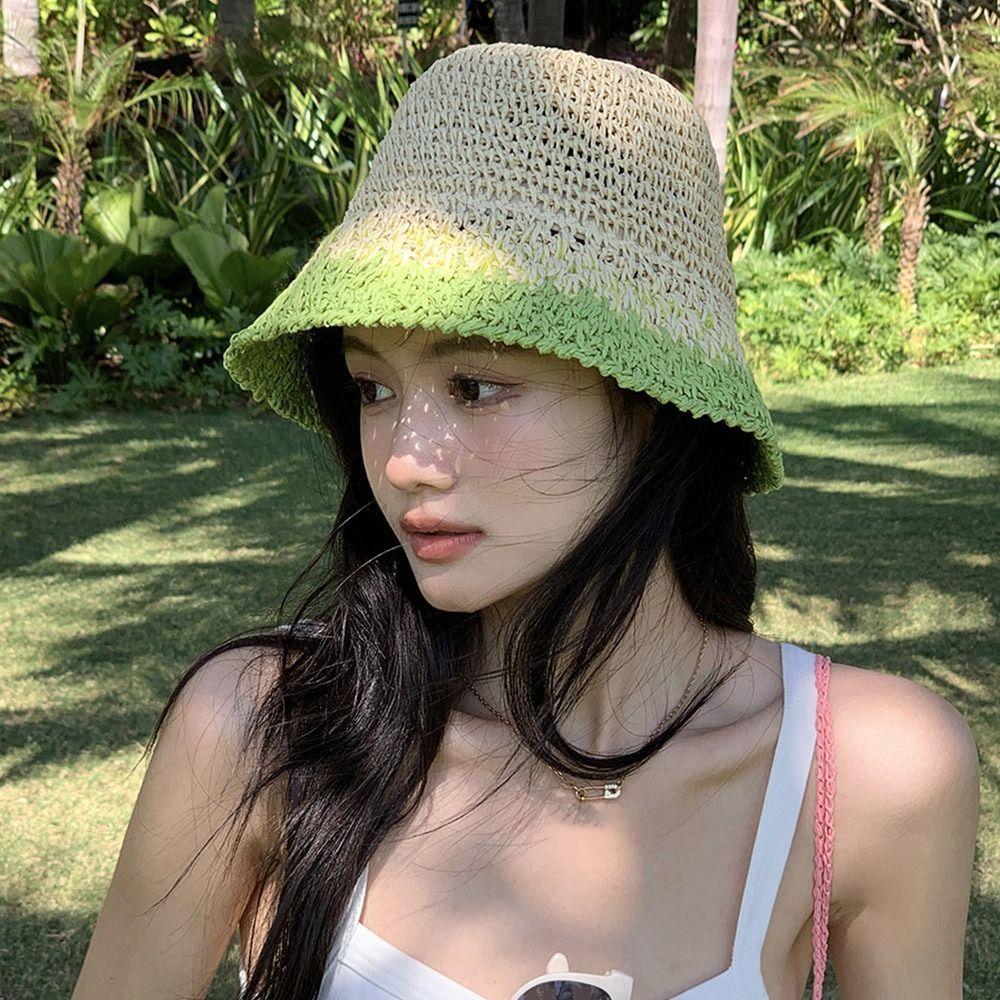 Handmade Women's Straw Hat Travel Bucket Hat Korean Beach Straw Cap  Outdoor