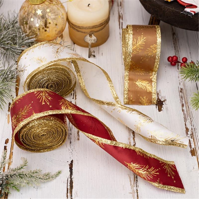 5Meters Glittering Powder Leaf Christmas Ribbon Festival Gifts Wrapping for Holiday Gifts and Christmas Tree Decoration