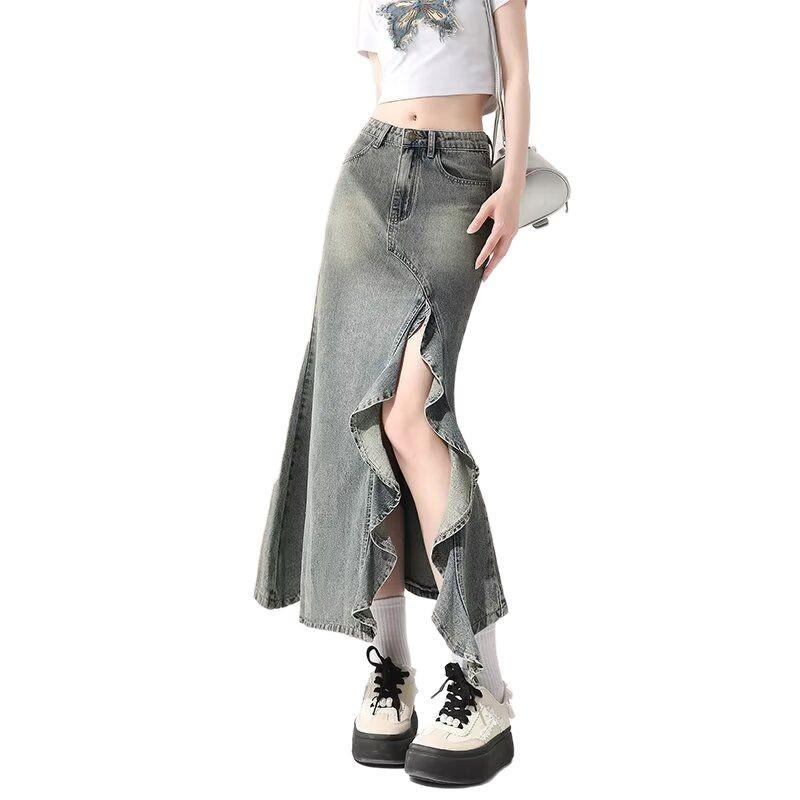 2024 High Waist A-Line Split Fishtail Denim Skirt for Women