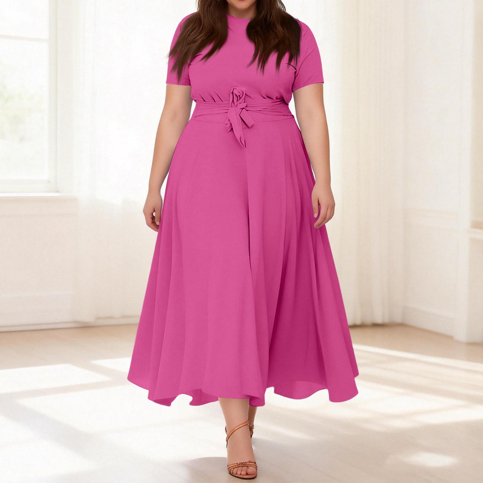 

Women s Casual Fashion Large Size Color Round Neck Short Sleeve Pocket Straps Swing Dress XXXL