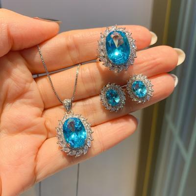 New Sea Blue Diamond Pendant Necklace Women's, Simple Ring Women's Blue Diamond Stud Earrings