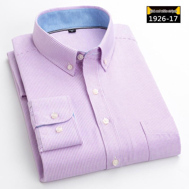 Men's Long Sleeve Washed Cotton Oxford Shirt - Slim Fit, Plaid, Iron-Free Stripes, Casual Style