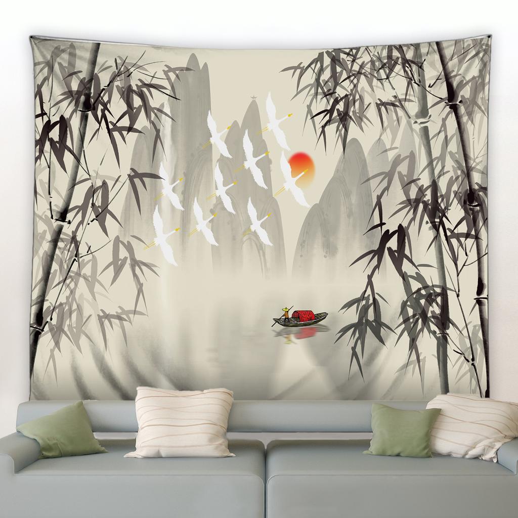 3D Chinese Ink Bamboo Tapestry Birds Red Flowers Mountain Water Natural Landscape Tapestries Dorm Living Room Wall Hanging Black