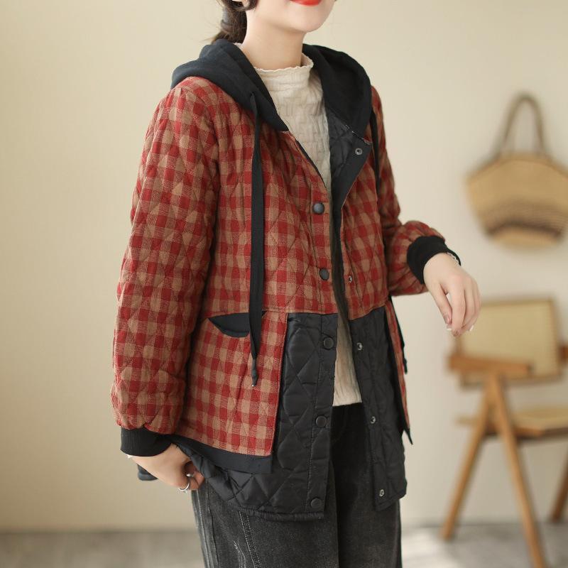 FASHION Spring and Autumn Thin Cotton-linen Cotton-padded Coat Plaid Women's 2024 New Large Size Loose Literary Hooded Cotton-padded Top Clothes