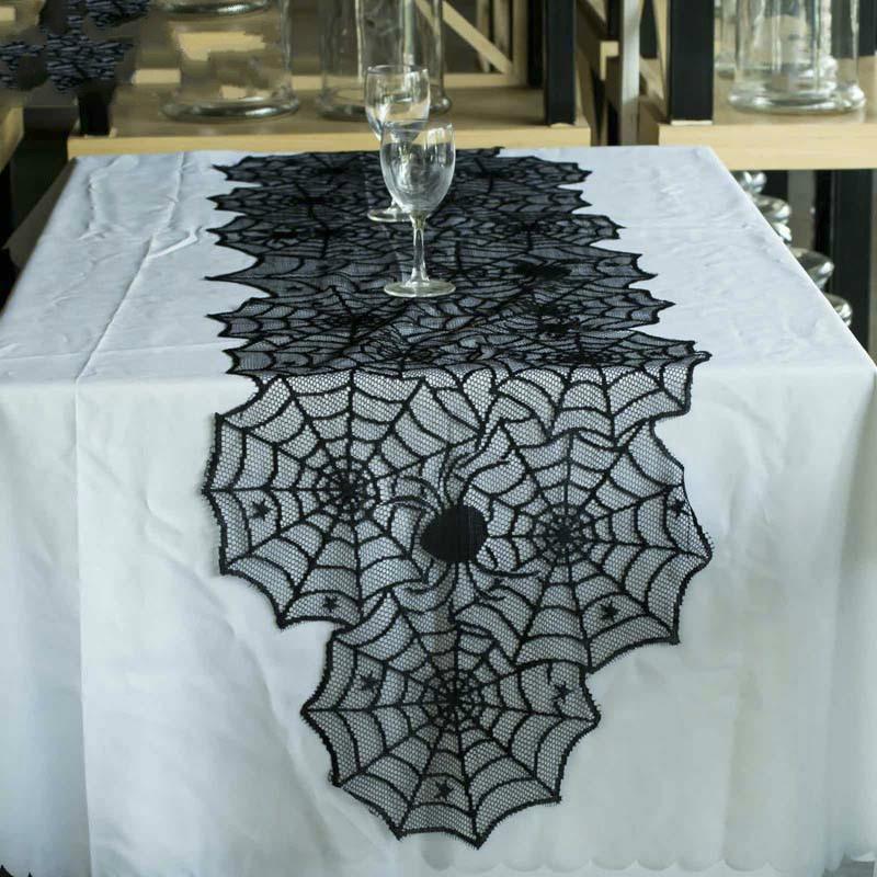 Halloween Spider Web Table Runner Black Lace Tablecloth Halloween Table Decor Festival Party Supplies