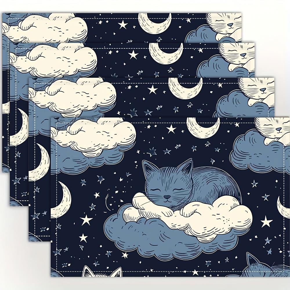 

Cat Moon Cloud Placemats Linen Cute Animal Dining Mats Night Sky Theme Kitchen Decor Children Room Home Accessories Washable 4Pcs-30X45cm(12X18in