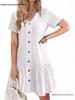 2026 Sommer Damen Lässiges Kleid mit Rüschensaum und Taschen - Einreihig, Kurzarm, Lockerer Schnitt.