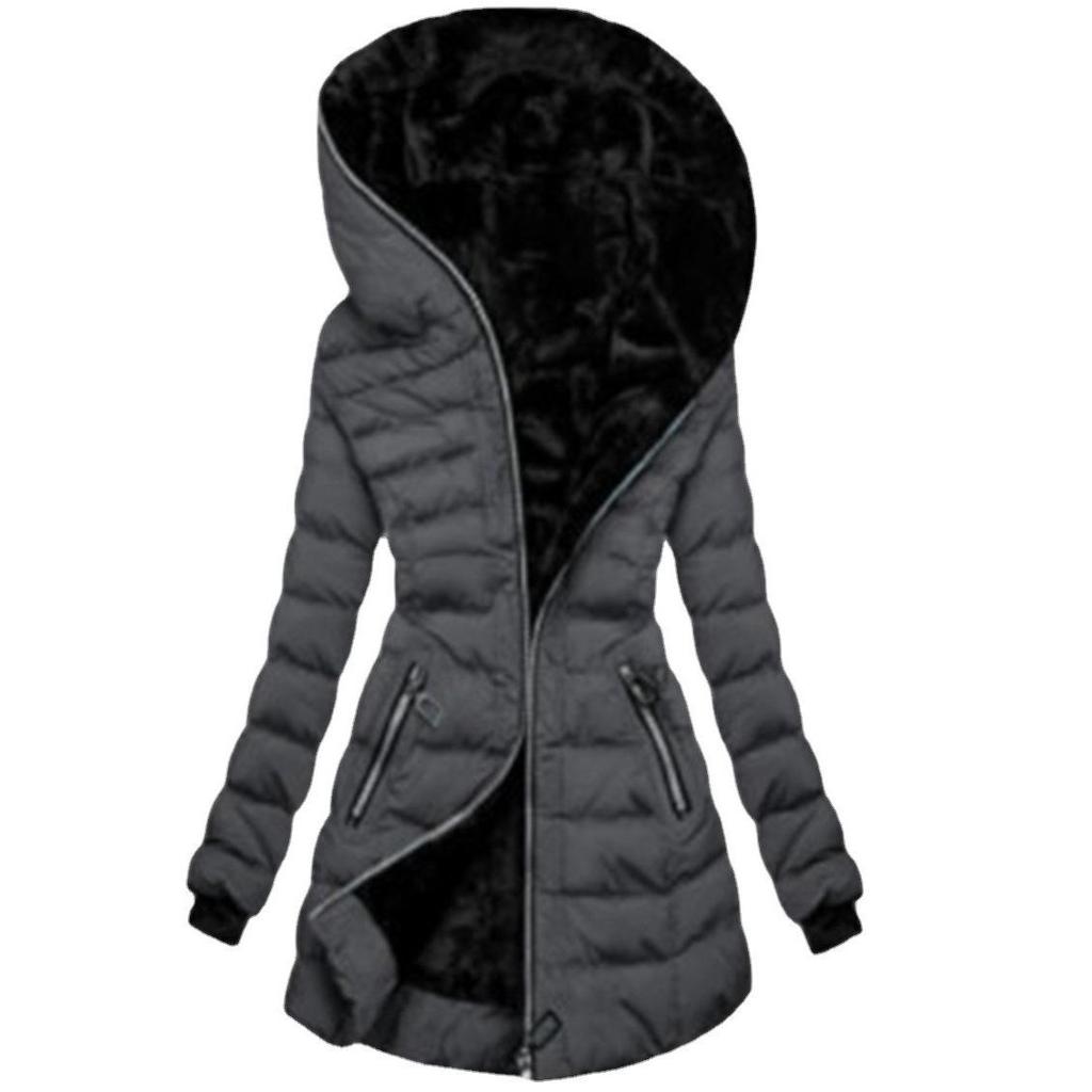 Damen Winterjacke mit Kapuze, langen Ärmeln und mittellanger Reißverschlussjacke aus Samt und Baumwolle