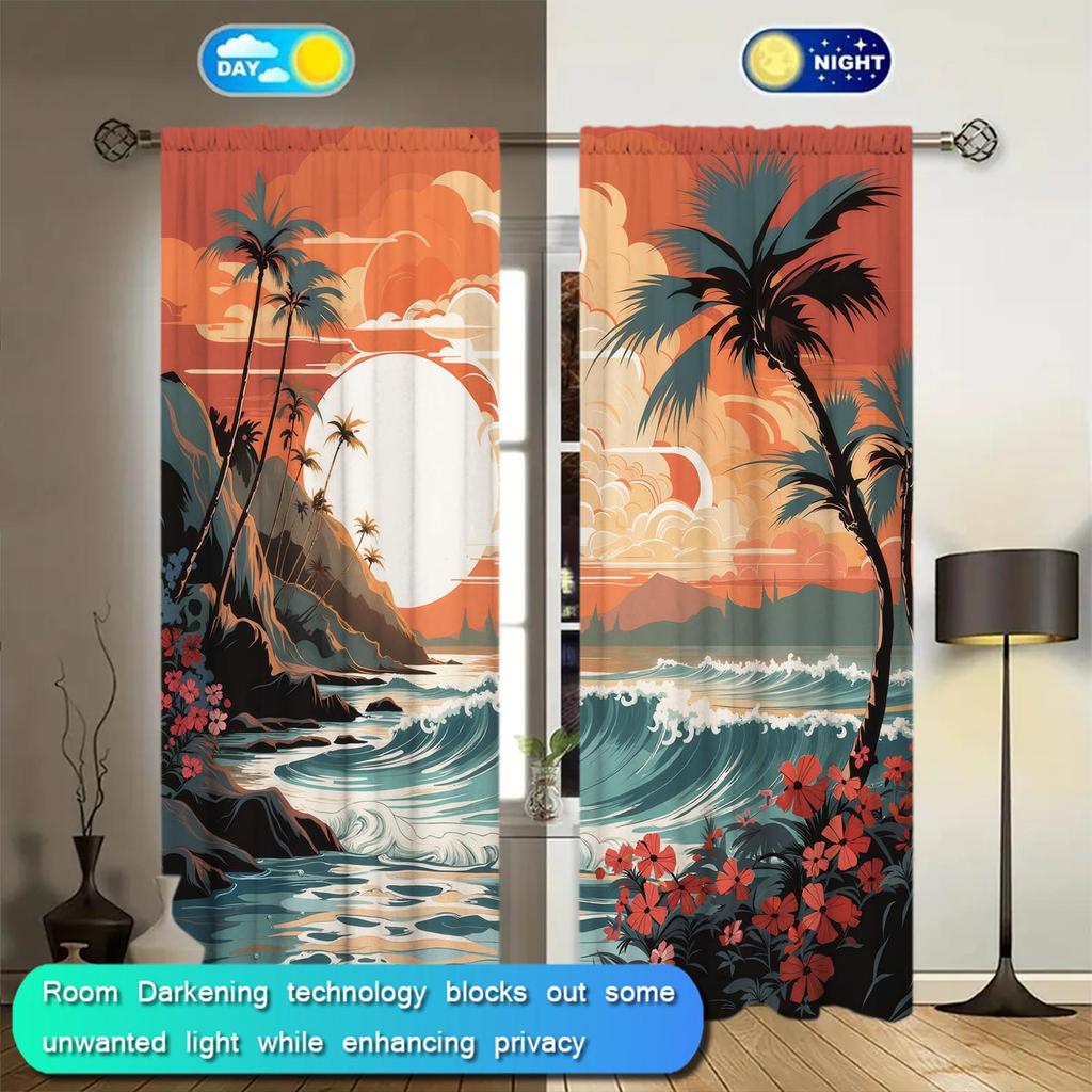2pcs Coastal Coconut Tree Sunset Landscape Illustration Curtains   Suitable for Decorating Various Rooms