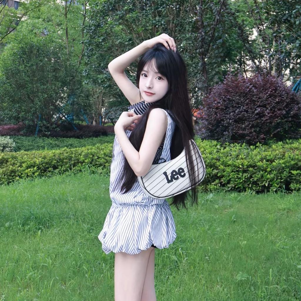 New Lee Fabric+Artificial Leather Crescent Bag, Underarm Shoulder Bag Women's Ecru LE240073M-903