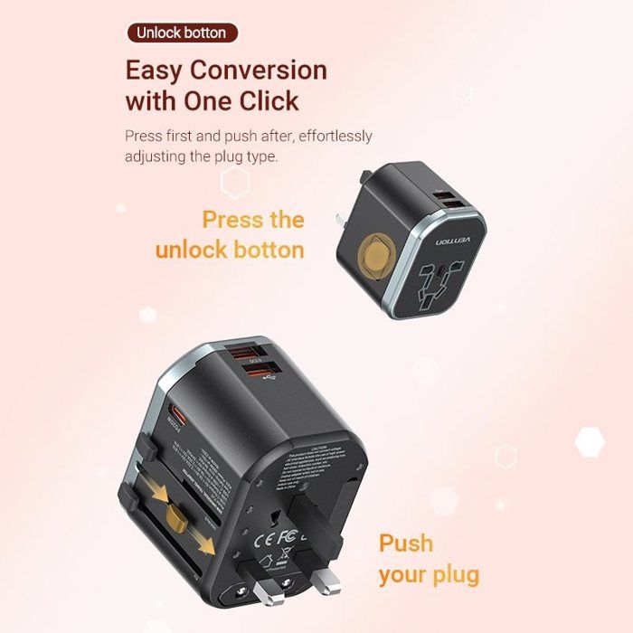 Vention Adaptateur de voyage universel USB (C A A) a 3 ports (20W/18W/18W) Noir