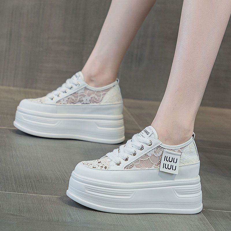 Muffin Net Shoes Women's Mesh Surface Hollowed Out, Light and Thin Autumn New Thick-soled Lace Inner Height Increase Women