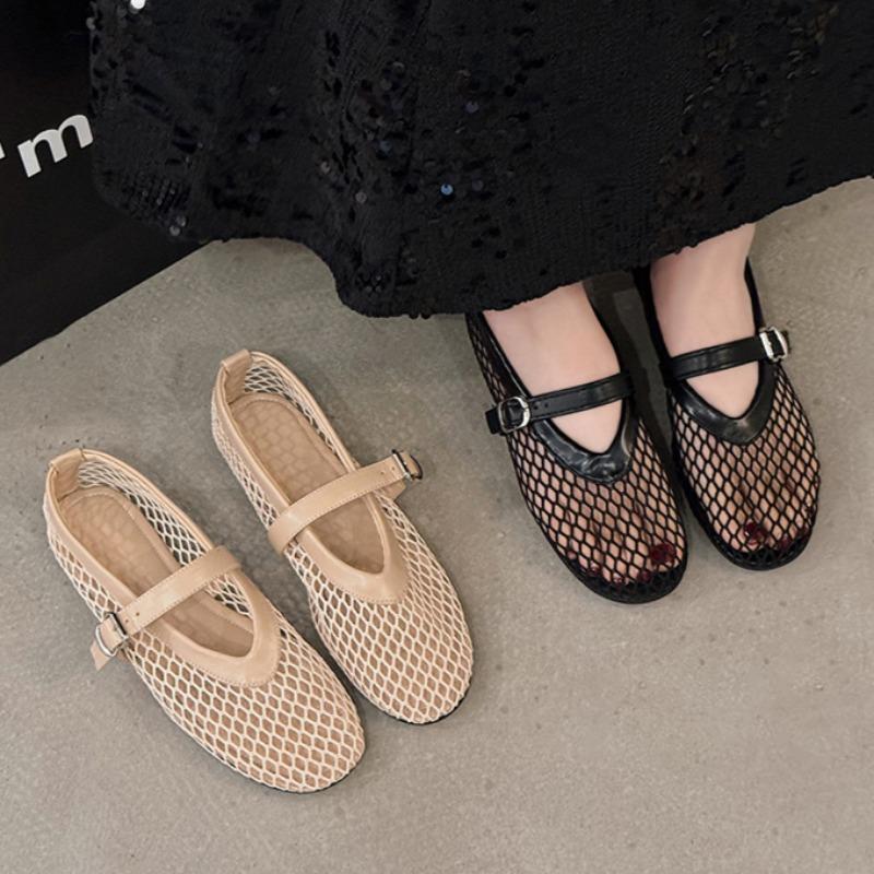 Fashion Sexy Women Sandals Fashion Mesh Ballet Mary Jane Shoes Women Summer Walking Round Toe Buckle Flat Sandals Women Zapatos De Mujer