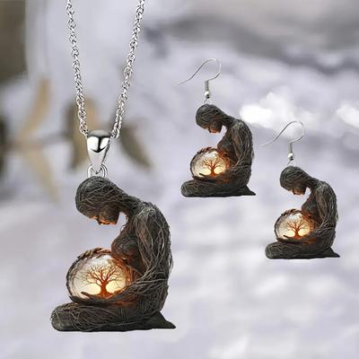 2Pcs/Set Necklace Earrings Set 2D Acrylic Figure Charm with Tree Winding Necklace Hook Earrings