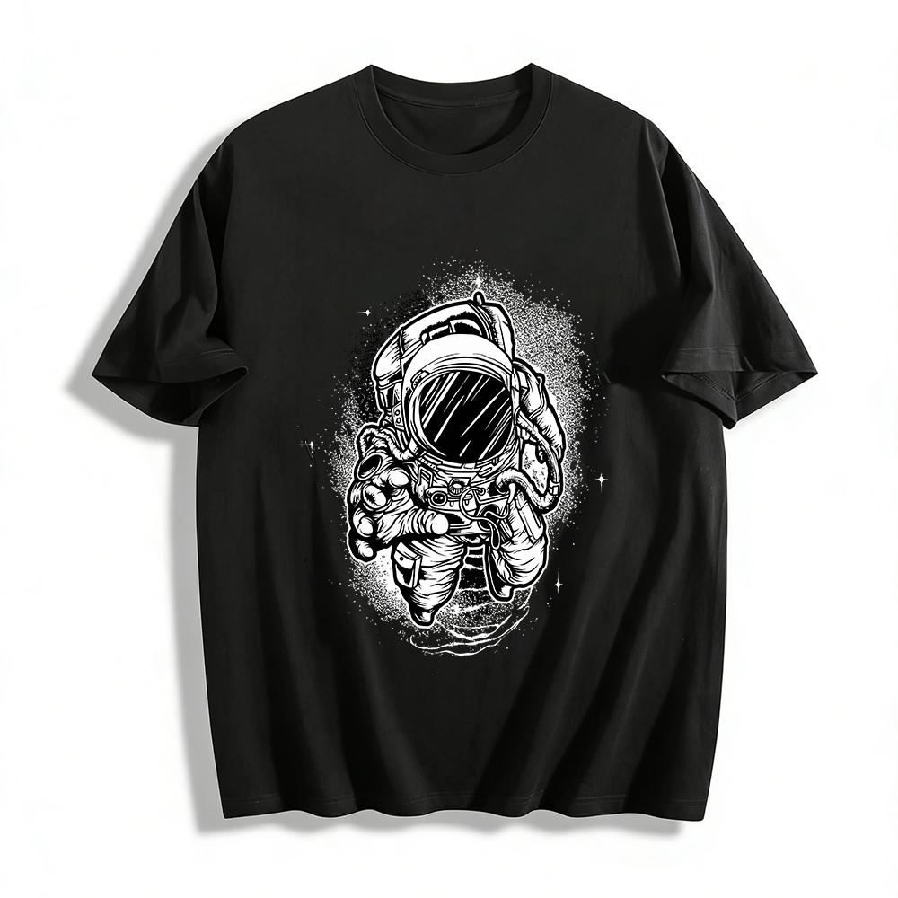 Retro Hand-drawn Astronaut Reach Print Tee Unisex Loose Casual Top Pure cotton T-shirt