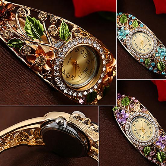 Armreif Kleid Uhr Vintage Faux Kristall Legierung Hübsche Blumenmuster Armband Uhr