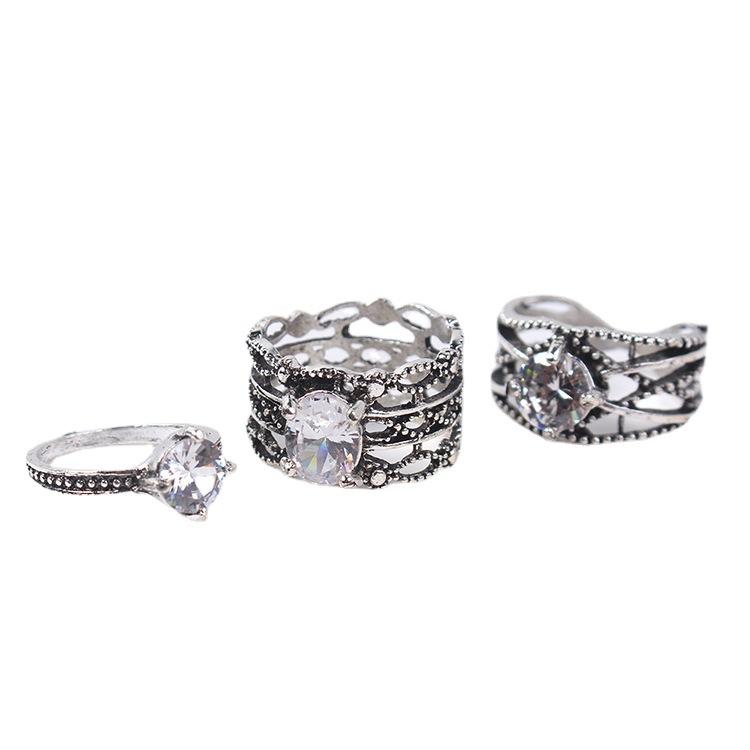Decoration European and American Trendy Ring Set, Retro Hollow Diamond Ring Set of 3 Pieces