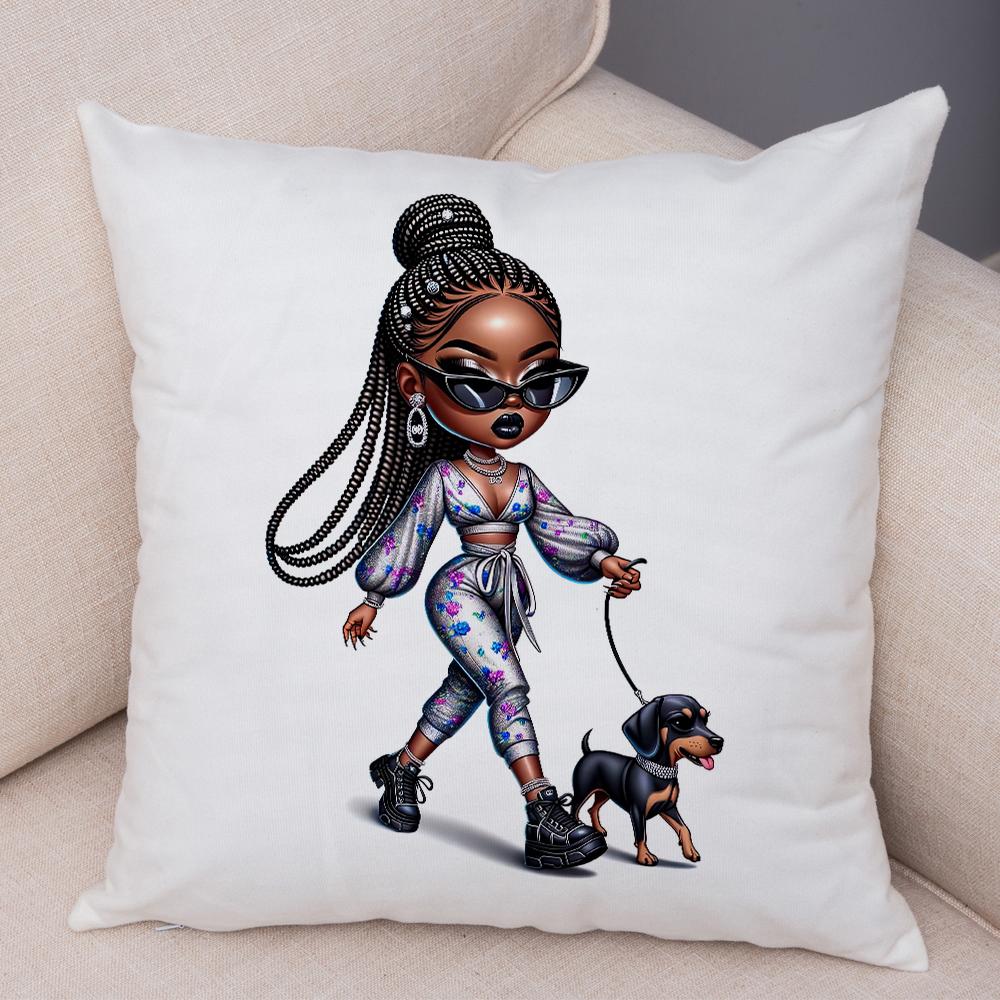 Fashion Cartoon African Girl Pillow Case Soft Plush Cushion Cover for Sofa Home Decor Cute Black Women Throw Pillowcase