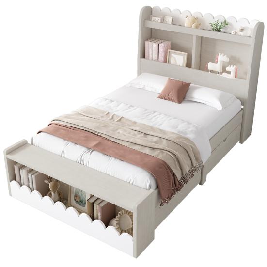 Children Bed Single Bed Storage Bed with Drawers, Shelf And Bench with Storage Space, Wooden Bed 90x200cm, Bed Frame And Slatted Frame Made of Wood,