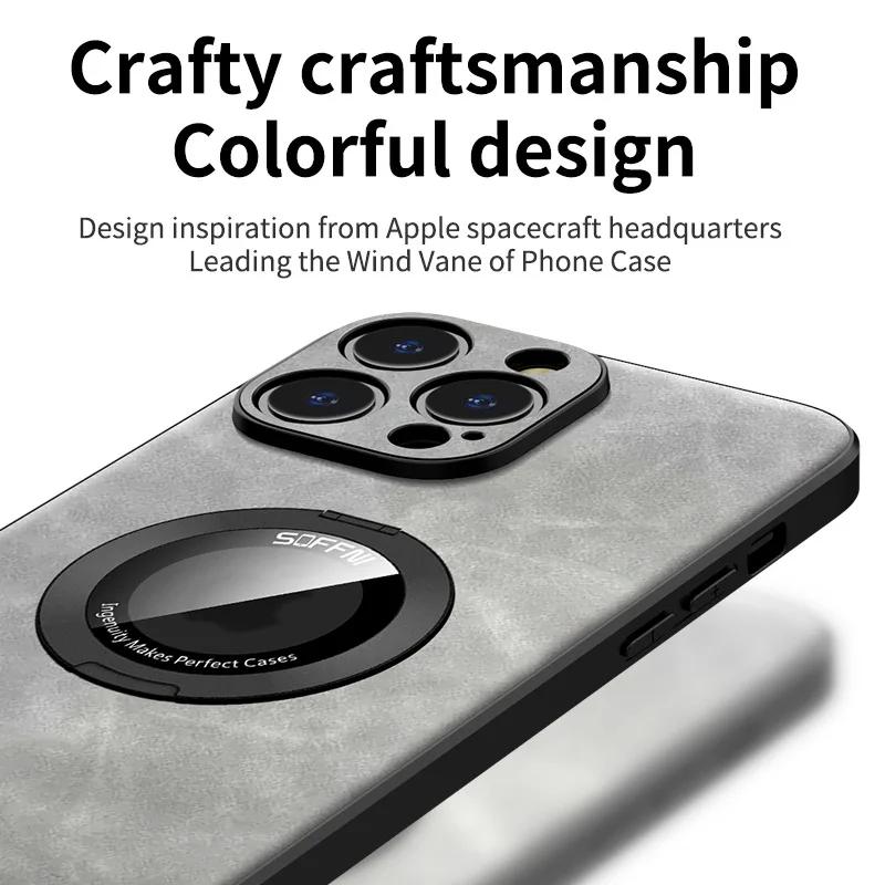 360 Magnetic Ring with Kickstand Luxury Leather Phone Case for IPhone 15 14 13 12 11 Pro Max Holder Protective Shockproof  Cover