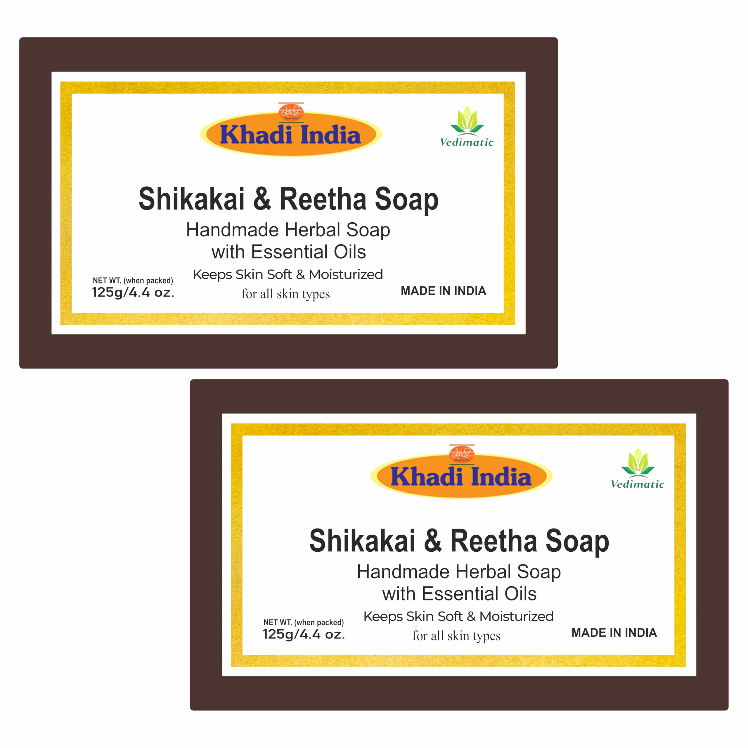 Vedimatic Khadi 100% Pure & Natural Shikakai & Reetha Soap Pack of 2 (250gm)