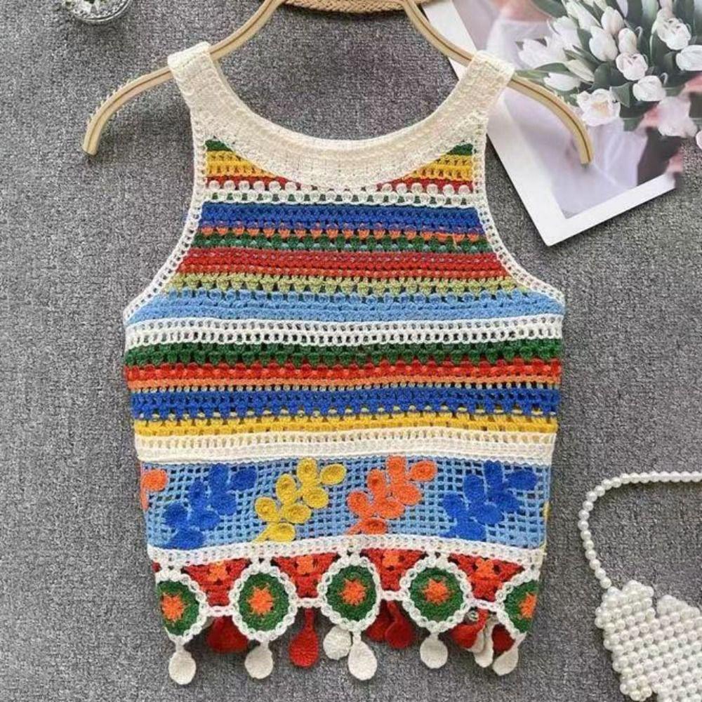 

Вязаный жилет с кисточками в виде листьев, полосатый, в этническом стиле, на бретелях, милая вышивка, цветочный камзол, пляжный синий