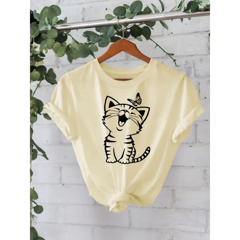 Cotton T-shirt Summer Short Sleeve Round Neck Cat Pattern Printed T-Shirts Women’s