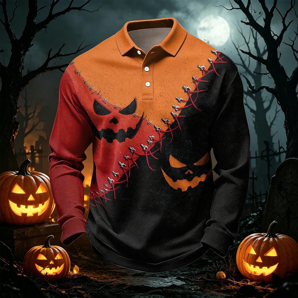 Men's Quick Dry Mesh Long Sleeve Golf Shirt with Halloween Print for Casual Wear
