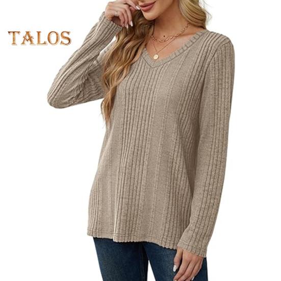 Women Tunic Sweater V-Neck Long Sleeve Solid Color Ribbed Casual Tops Slim Fit Knitted Loose Fit Fall Tops