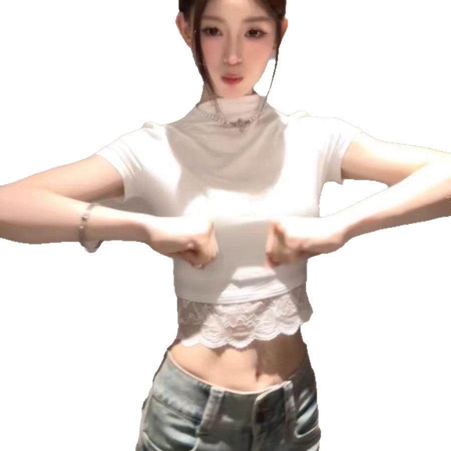 Lace Splicing Design Semi-turtleneck Pure Desire Short-sleeved T-shirt Spice Girl Fashion Slim-fitting Top Ins Women