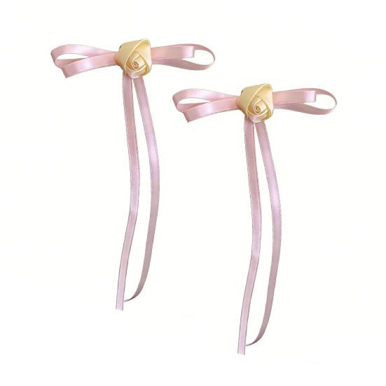 2Pcs Hairpin Satin Ribbon Bowknot Rose Flower Decor Hair Clip Firm Grip Low розовый