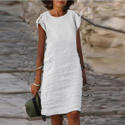 Vintage Summer Women Short Sleeve Blue White Dresses Fashion Tunics Ladies Casual Solid Loose O Neck Elegant Midi Dress