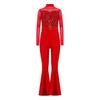 Girls Jazz Dance Costume Mock Neck Long Sleeve Cutout Back Sheer Mesh Sequins Bell Bottom Jumpsuit