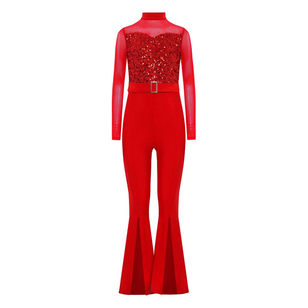 Girls Jazz Dance Costume Mock Neck Long Sleeve Cutout Back Sheer Mesh Sequins Bell Bottom Jumpsuit