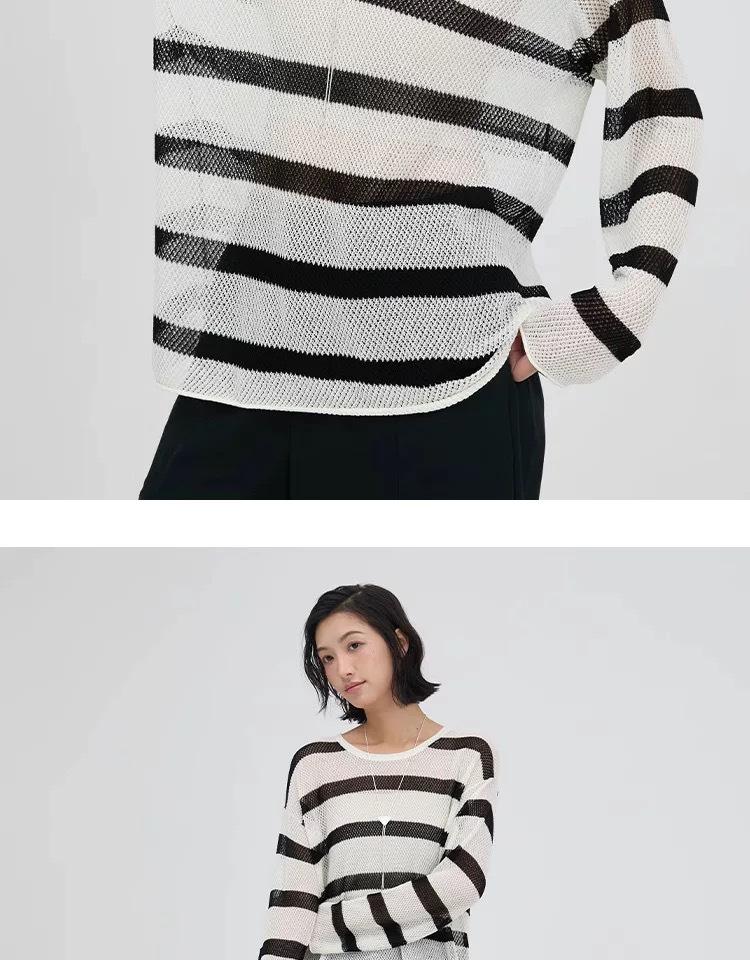 Women's Summer Striped Linen Knitwear: Openwork Long Sleeve Loose T-shirt Cardigan