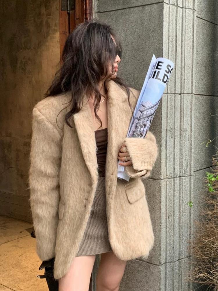 Pevná Elegantní Vintage Kožešinová Bunda Dámská Nová Móda Sladký Volný Kancelářský Kabát Dámský Korejský Návrhář Ležérní Streetwear Oblečení 2024