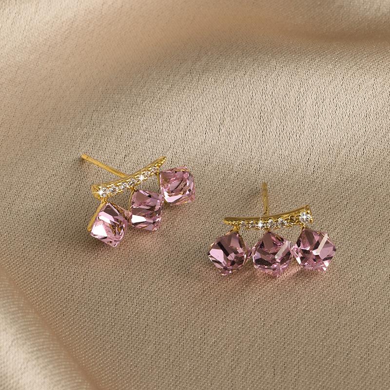 Cubic Crystal Earrings Silver Studs Seafoam Blue 3D Geometric Design Hypoallergenic Lightweight Sweet Elegant Jewelry for Women