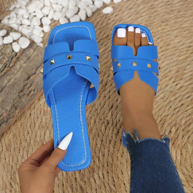 Women's Solid Color Large Size Rivet Slippers Casual Square Head Open Toe Flat Bottom Summer Shoes Lightweight