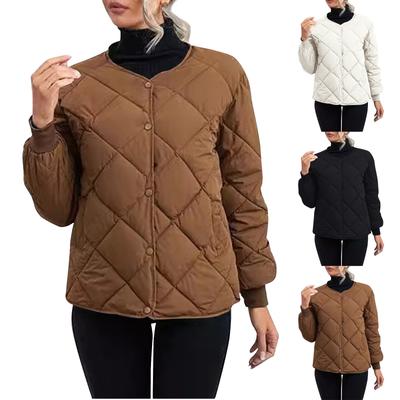 Women's Solid Color Short Down Jacket With Diamond Check Casual Jacket With Pockets