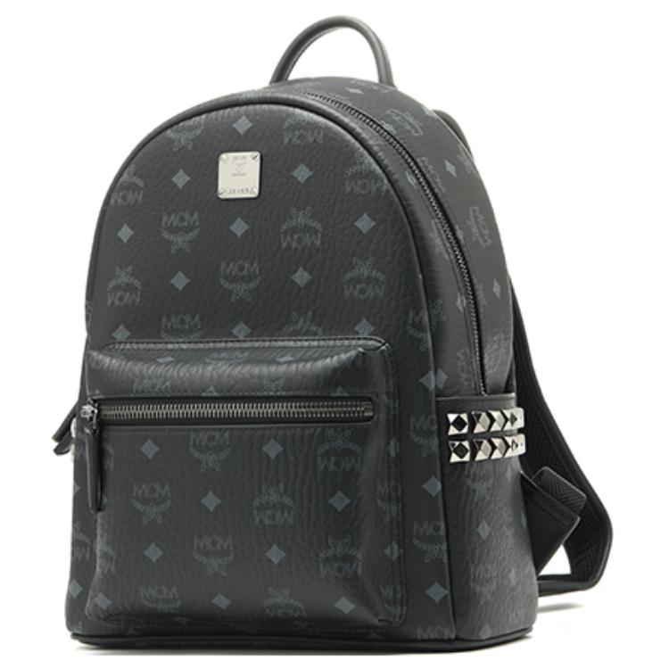 MCM Stark Studded Logo Backpack Coated Canvas And Leather Trim Unisex Backpacks Black MMKAAVE15BK001