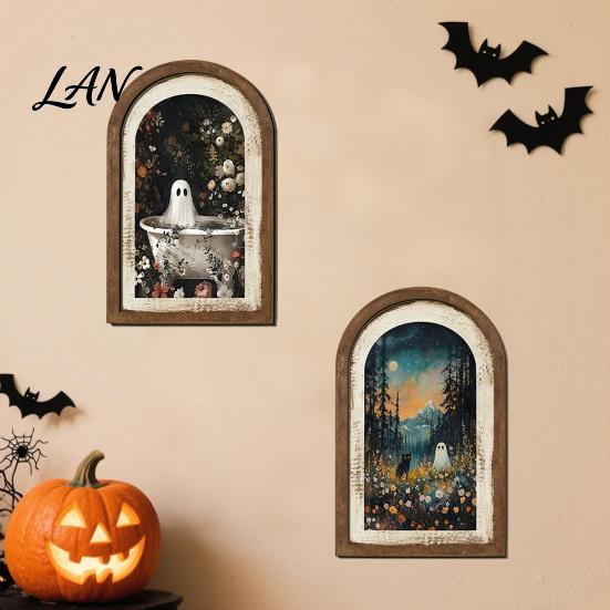 Decorative Shelf Ghost Art Halloween Wall Decor, Cute Table Sign, Vintage Arch Framed Tabletop Decoration Picture, for Mantel Living Room Bedroom