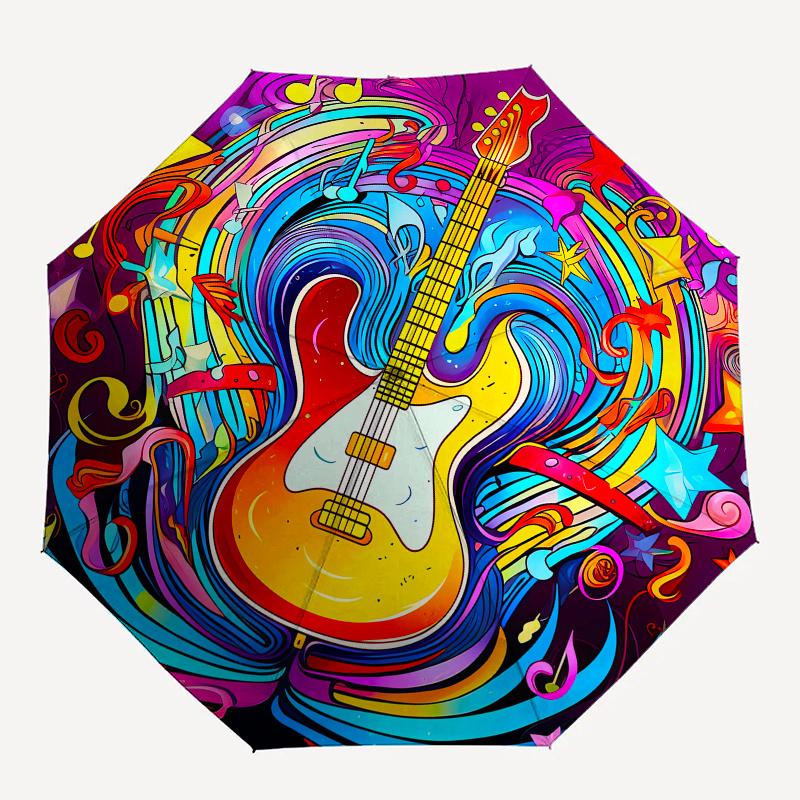 Guitar Art Automatic folding umbrella simple eight rib design, bright color pattern, durable iron frame, ideal for travel and outdoor, beac