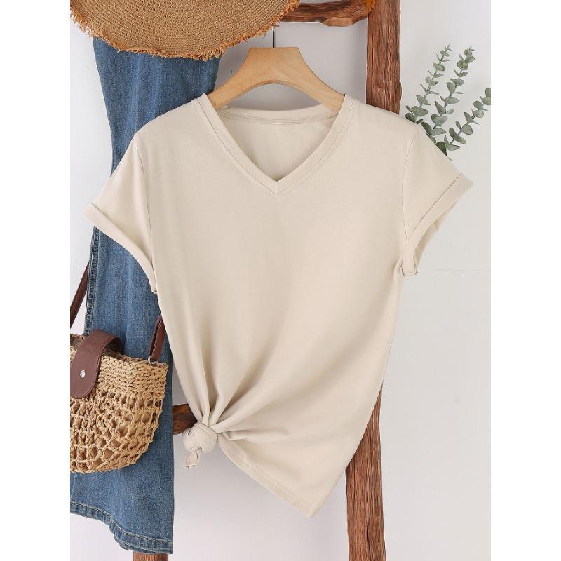 Fashionable Simple Versatile Pure-colored V-neck Short-sleeved Women's T-shirts