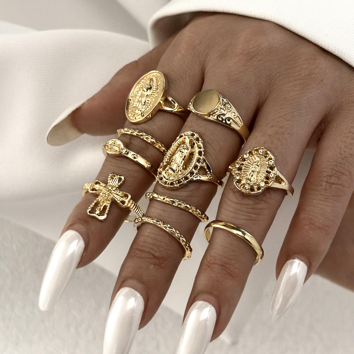

10Pcs/Set Fashion Gold Color Irregular Geometric Open Rings For Women Men Punk Metal Flower Pearl Knuckle Joint Ring Jewelry New