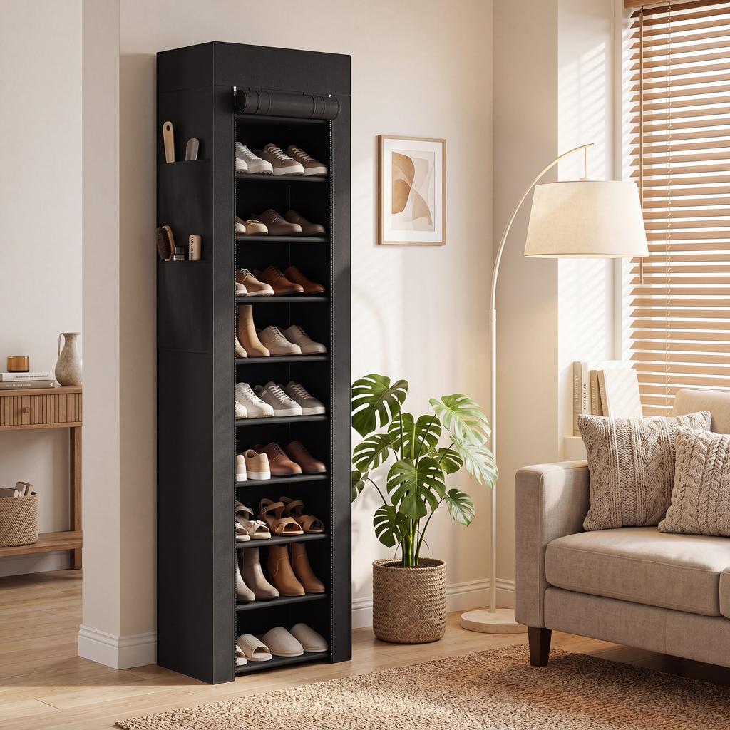 Metal Shoe Rack with Dustproof Fabric Cover, for up to 20 Pairs of Shoes, 45 x 30 x 175 cm, Black