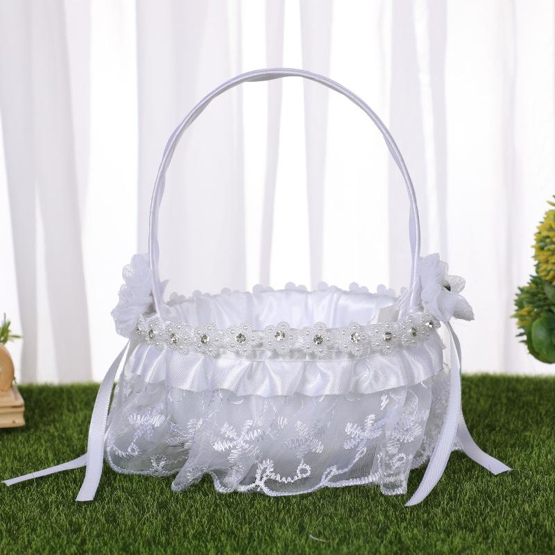 White Flower Girls Basket Pearl Lace Simple Wedding Basket for Flower Bride/kids Hand Held Wedding Ceremony Party Decorations